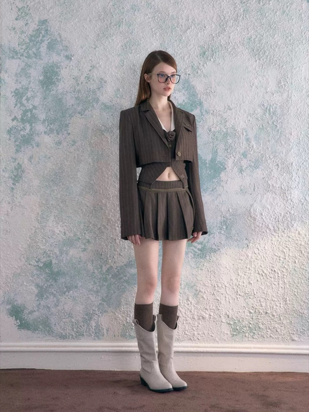 Maillard 3-Pc Set Cropped Pinstripe Blazer & Vest & Pleated Mini Skort